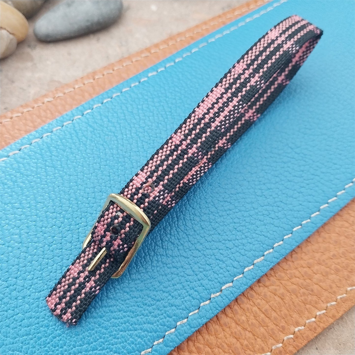 Vintage 10mm Ladies Madras Plaid Pink & Black 1960s Single Pass Watch Band