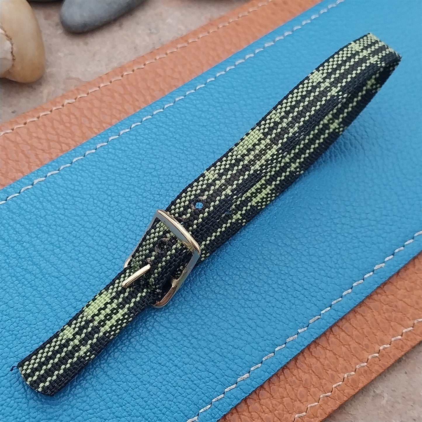 Vintage 10mm Ladies Madras Plaid Black & Green 1960s Single Pass Watch Strap