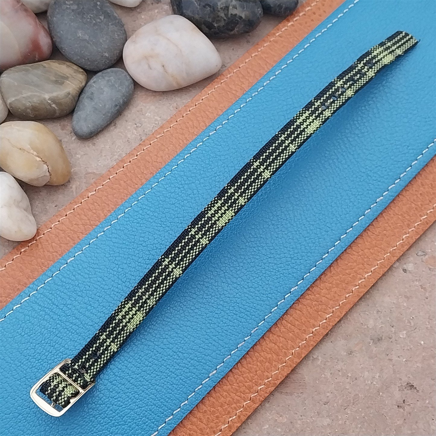 Vintage 10mm Ladies Madras Plaid Black & Green 1960s Single Pass Watch Strap