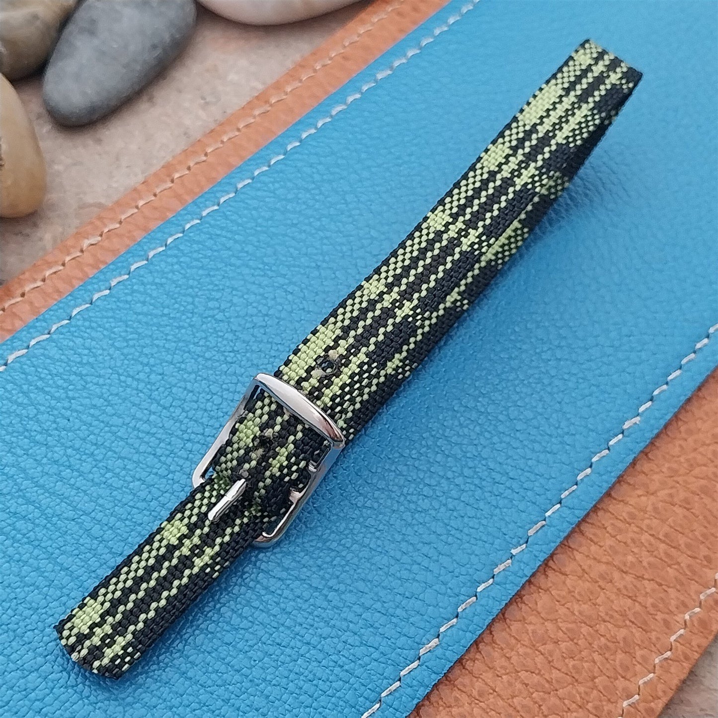 Vintage 10mm Ladies Madras Plaid Black & Green 1960s Single Pass Watch Strap