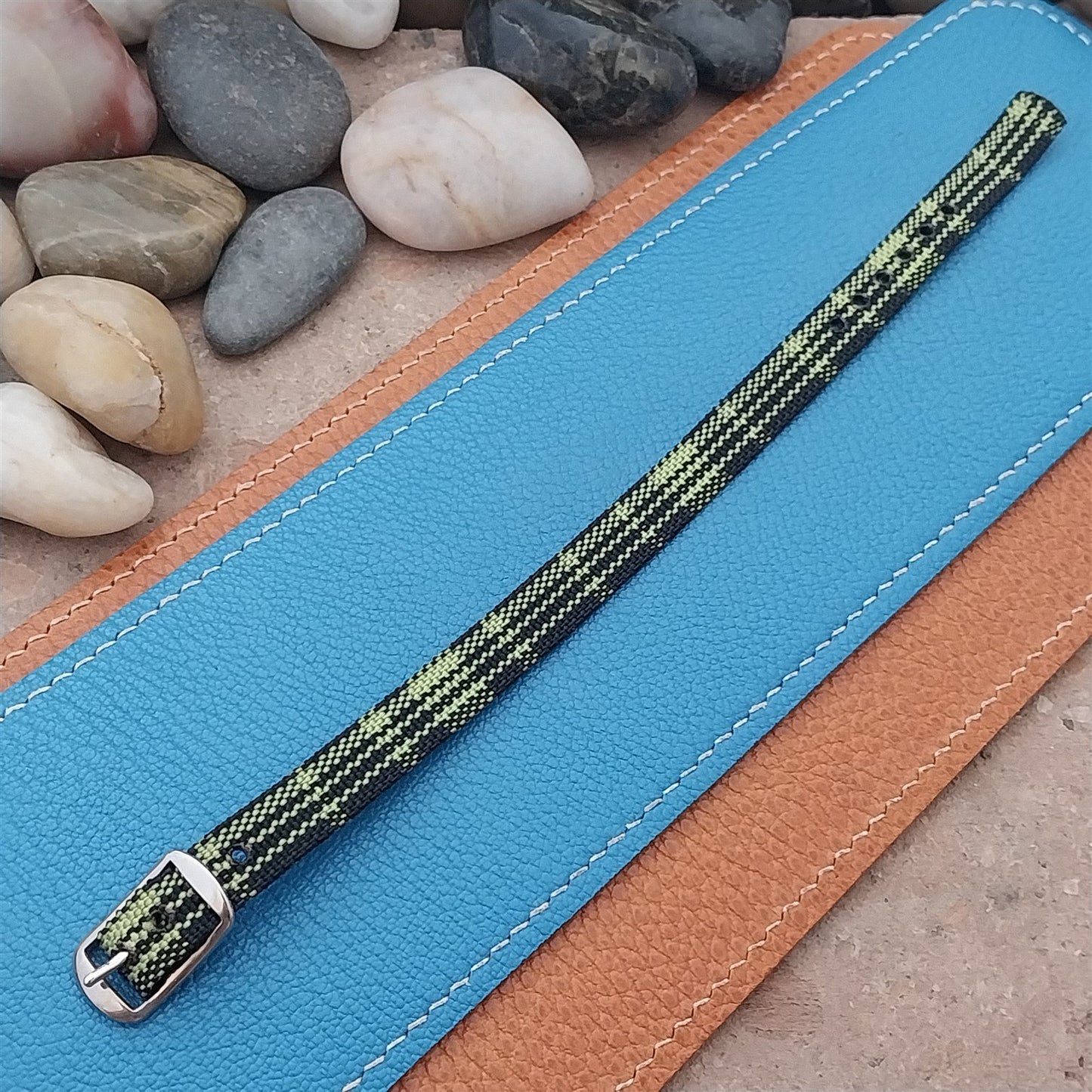 Vintage 10mm Ladies Madras Plaid Green & Black NOS 1960s Single Pass Watch Strap