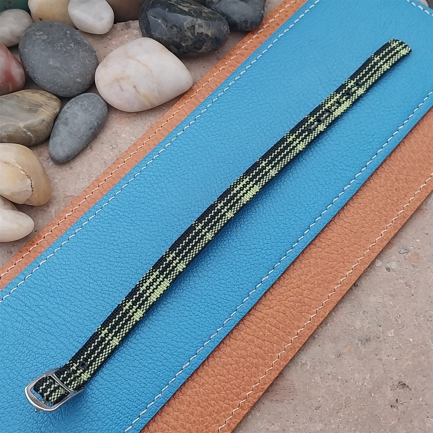 Vintage 10mm Ladies Madras Plaid Green & Black NOS 1960s Single Pass Watch Strap