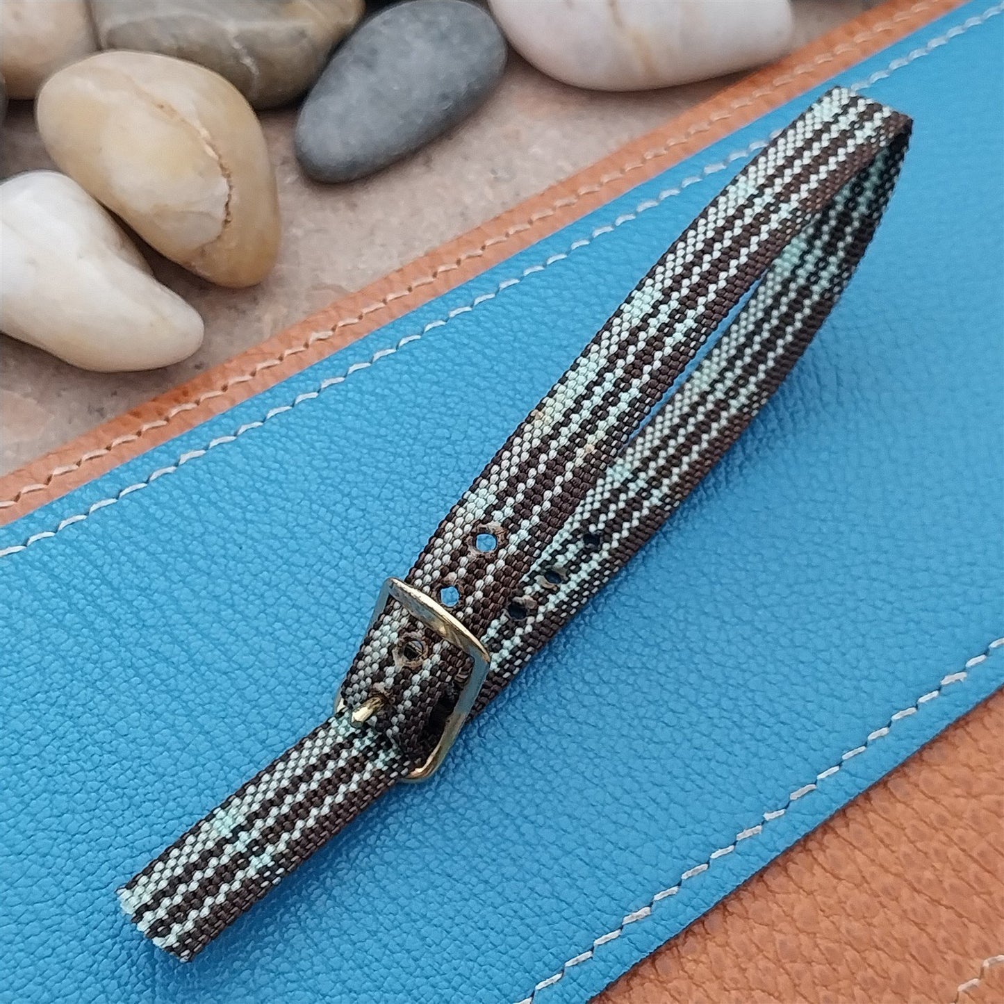 Vintage 10mm Ladies Madras Plaid Blue & Brown 1960s Single Pass Watch Strap