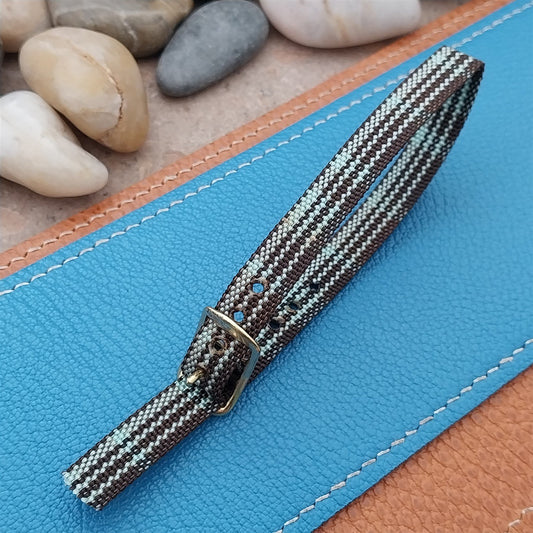 Vintage 10mm Ladies Madras Plaid Blue & Brown 1960s Single Pass Watch Strap