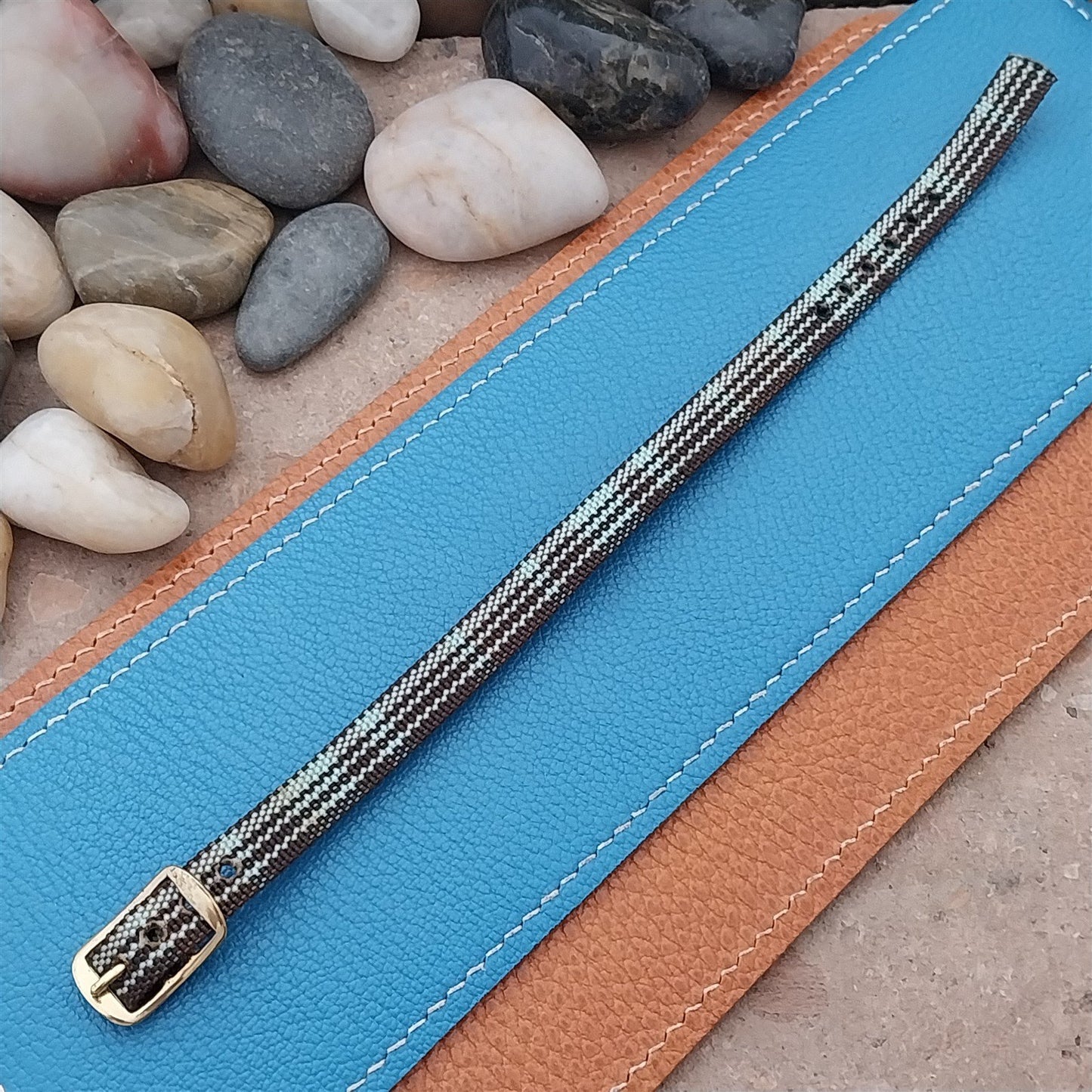 Vintage 10mm Ladies Madras Plaid Blue & Brown 1960s Single Pass Watch Strap