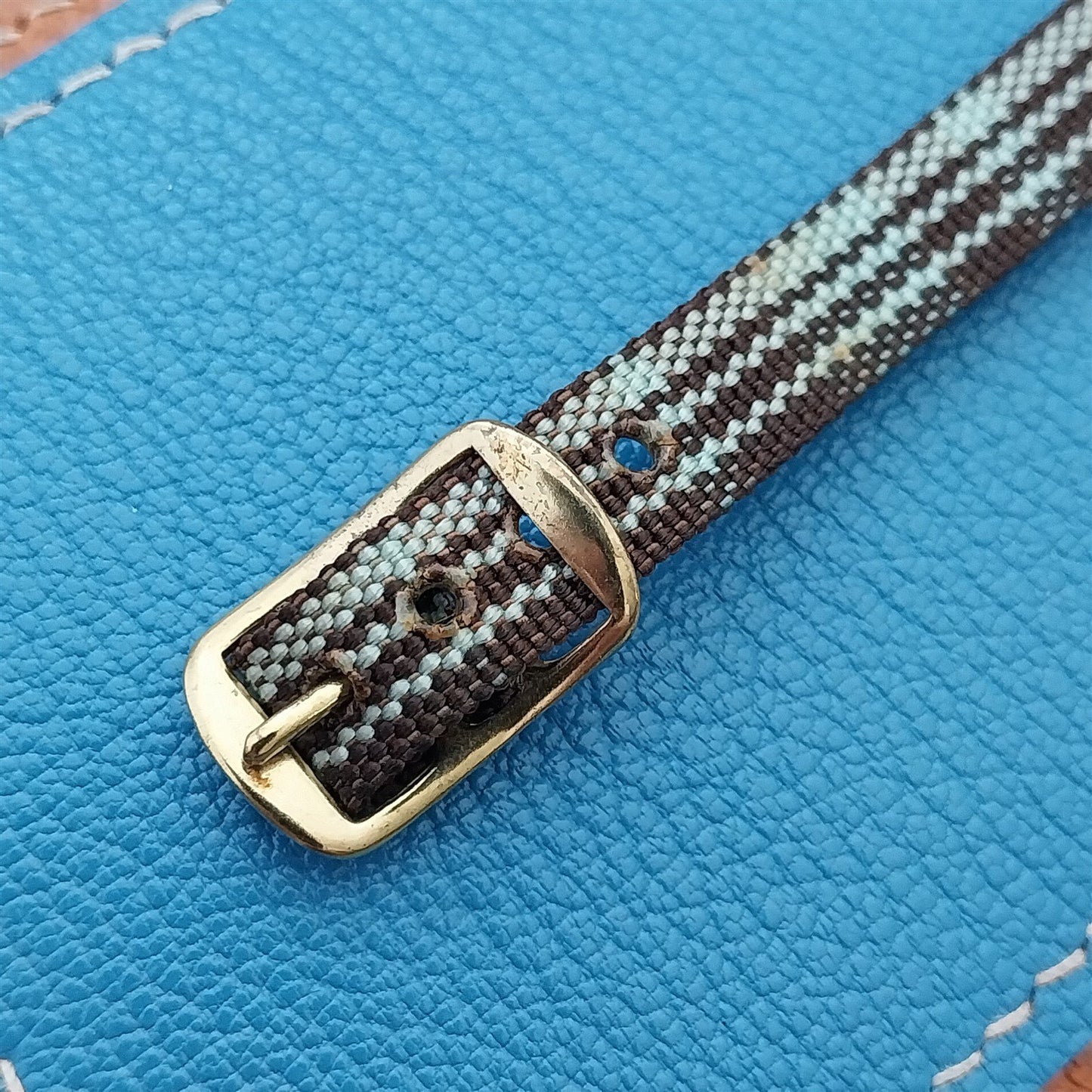 Vintage 10mm Ladies Madras Plaid Blue & Brown 1960s Single Pass Watch Strap