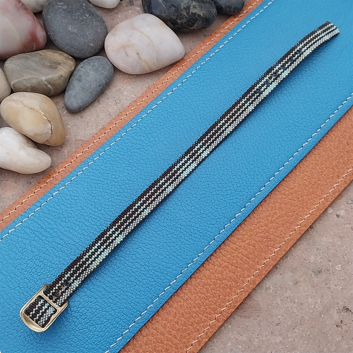 Vintage 10mm Ladies Madras Plaid Blue & Brown 1960s Single Pass Watch Strap