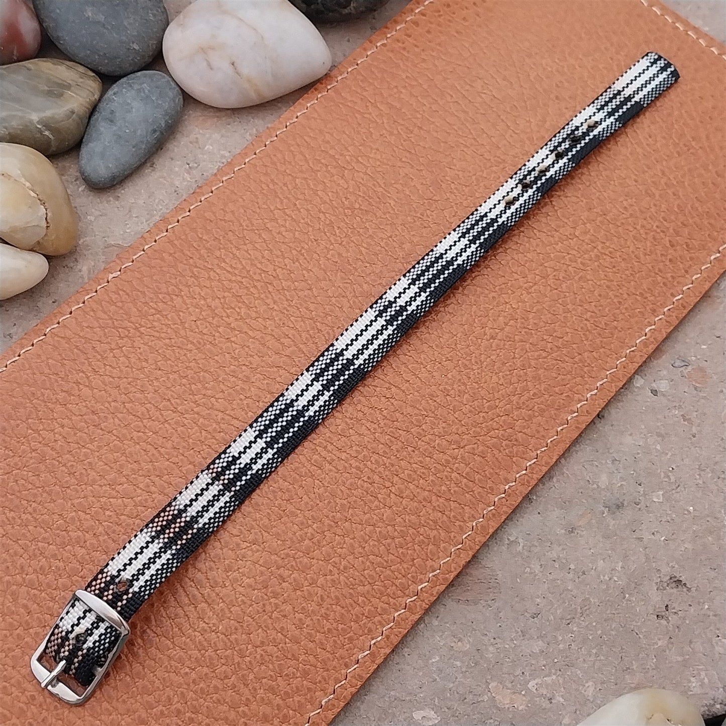 Vintage 10mm Ladies Madras Plaid Pink Black White 1960s Single Pass Watch Strap