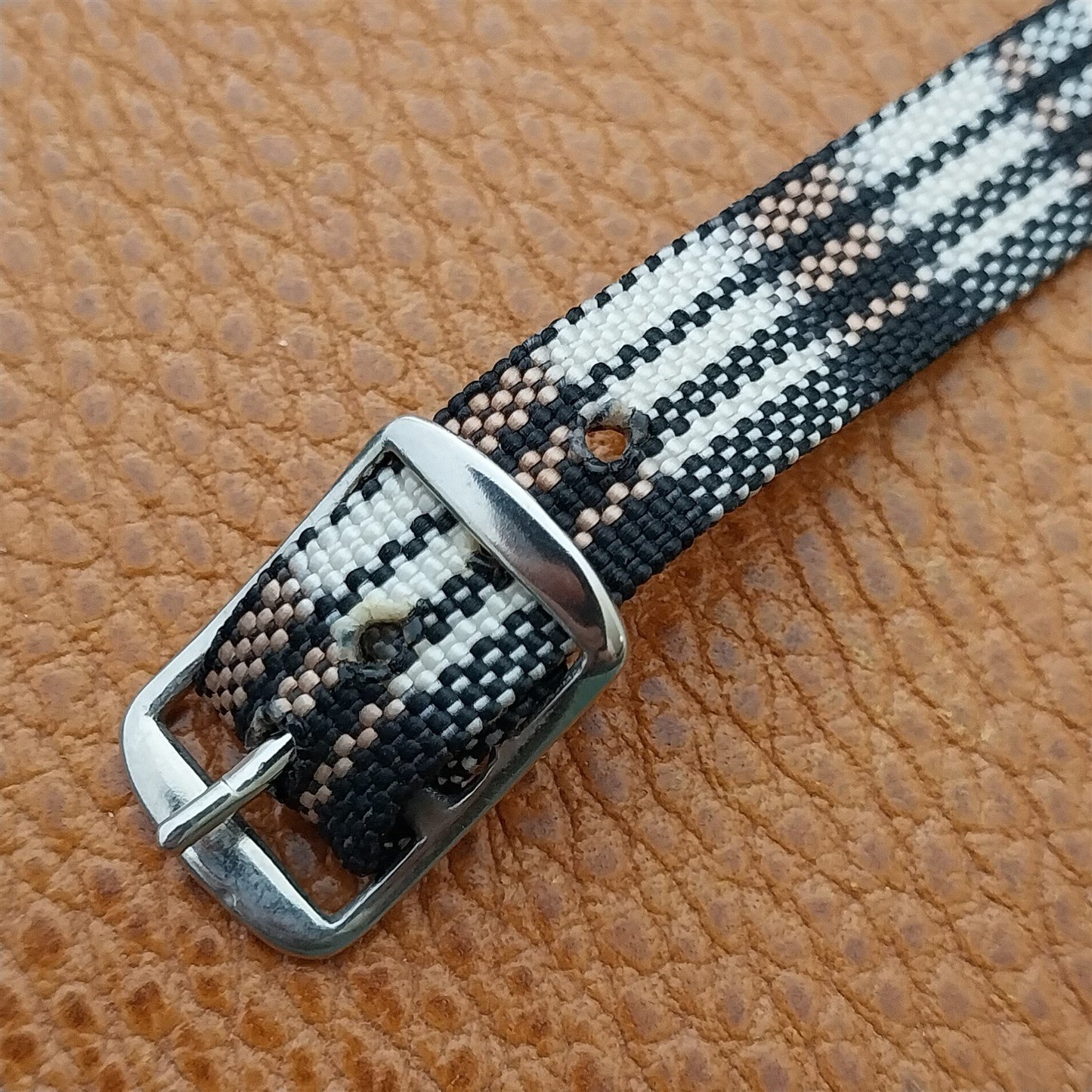 Vintage 10mm Ladies Madras Plaid Pink Black White 1960s Single Pass Watch Strap