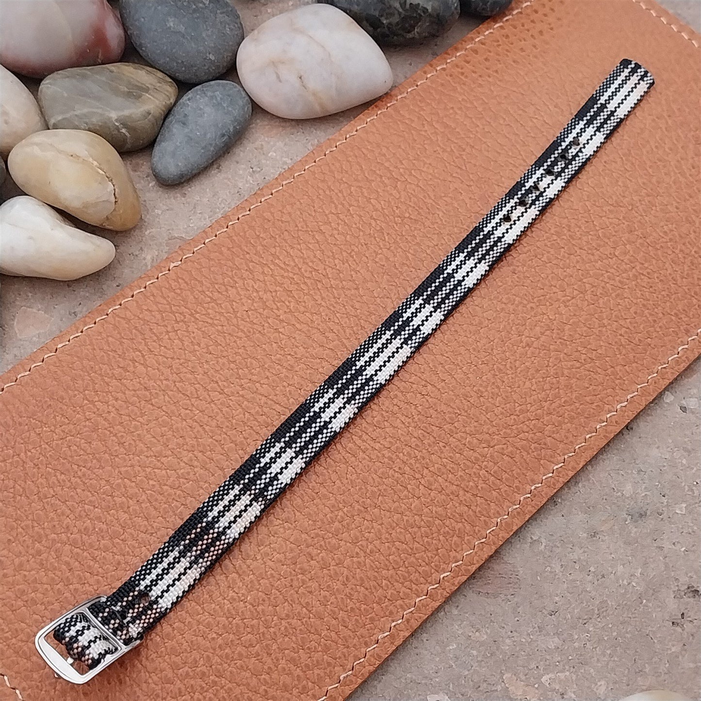 Vintage 10mm Ladies Madras Plaid Pink Black White 1960s Single Pass Watch Strap