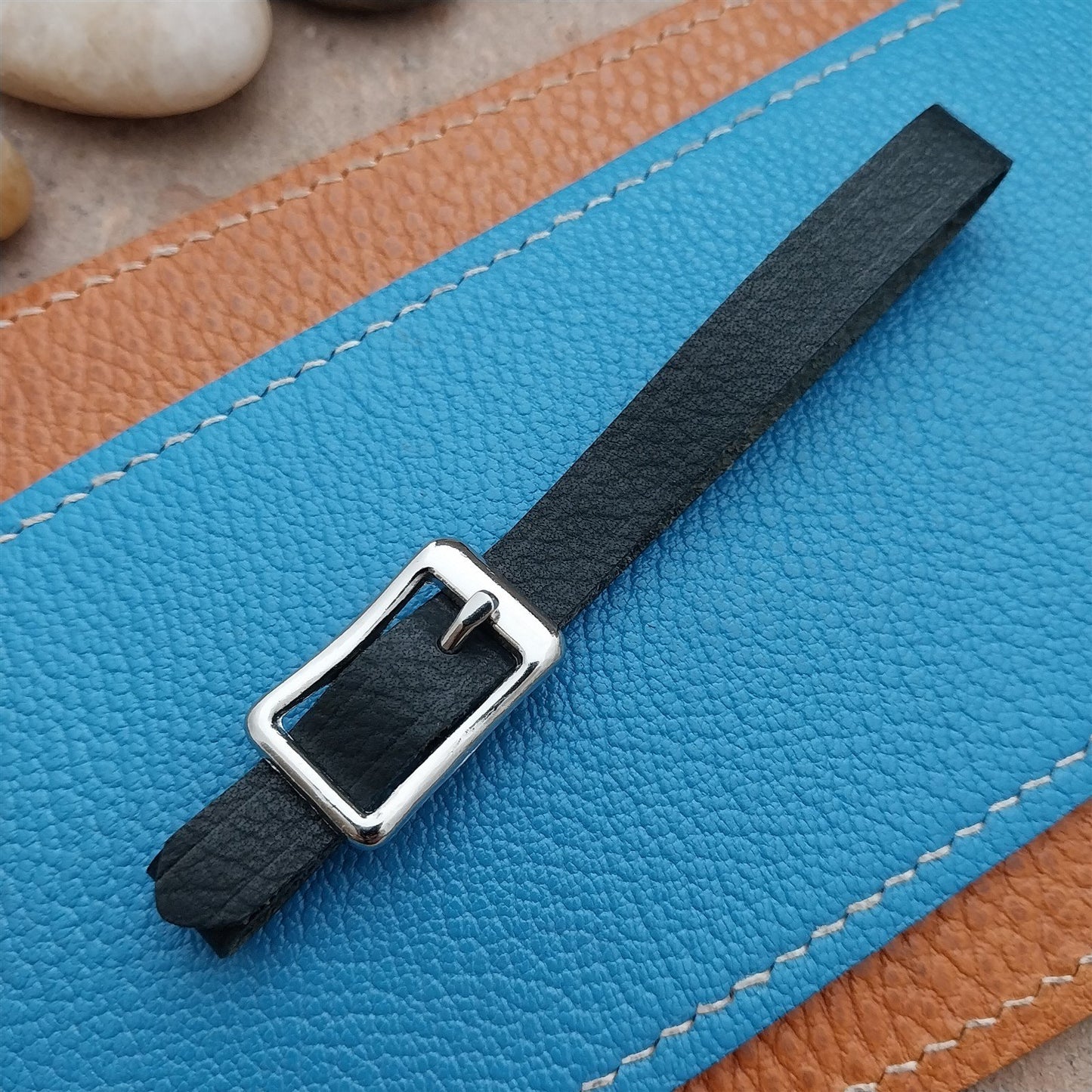 3/8" Black Grained Saddle Leather Vintage Pocket Watch Fob Strap & Solid Buckle