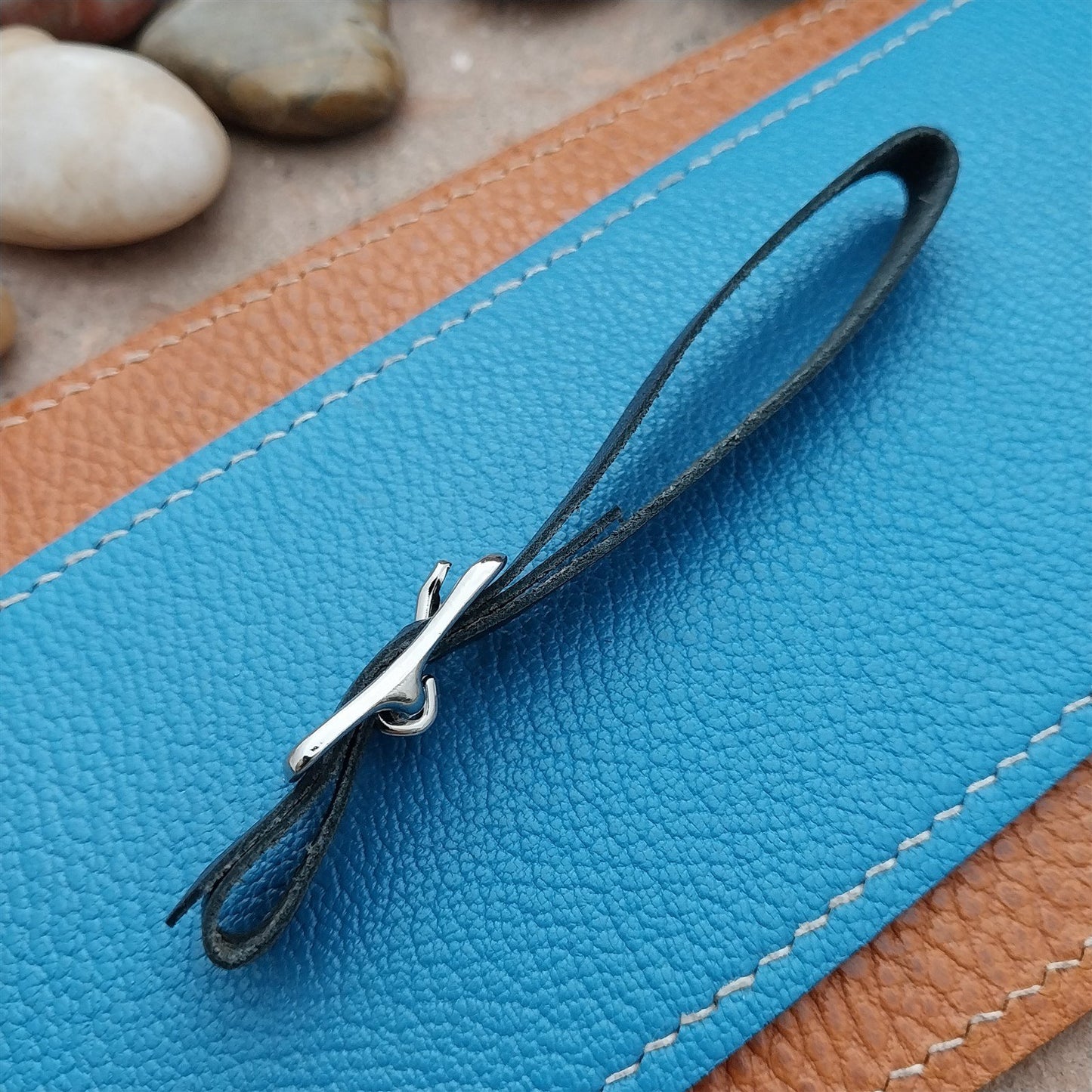 3/8" Black Grained Saddle Leather Vintage Pocket Watch Fob Strap & Solid Buckle