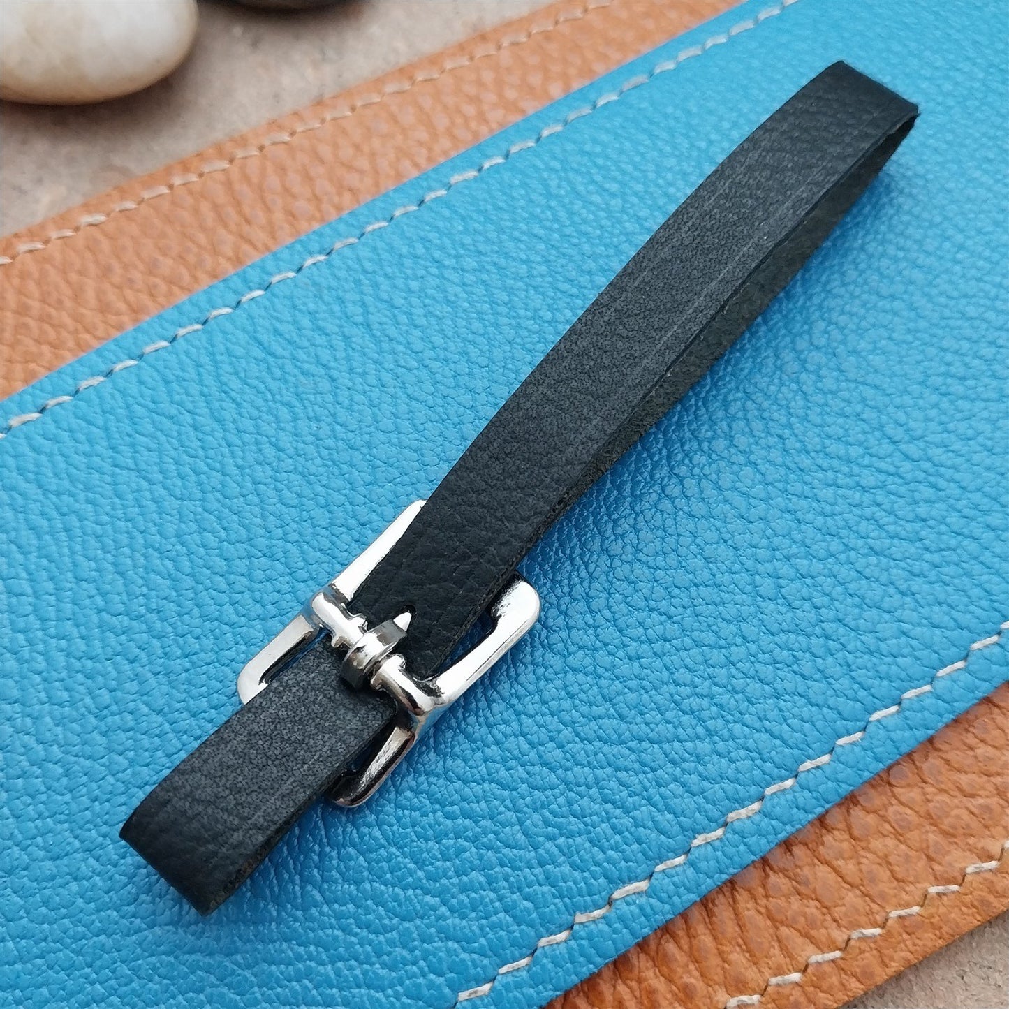 3/8" Black Grained Saddle Leather Vintage Pocket Watch Fob Strap & Solid Buckle