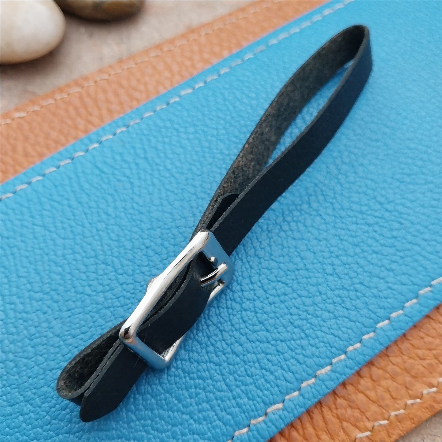 3/8" Black Grained Saddle Leather Vintage Pocket Watch Fob Strap & Solid Buckle