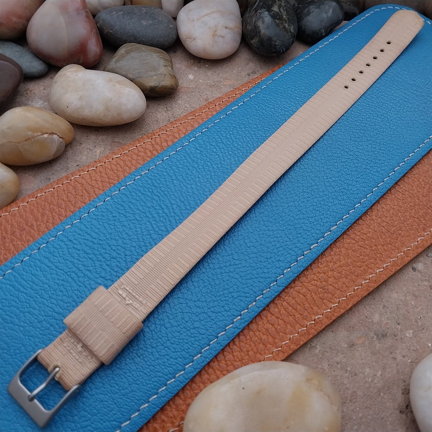 16mm Beige Nylon Single Pass Unused Vintage Watch Strap & Bead Blasted Buckle