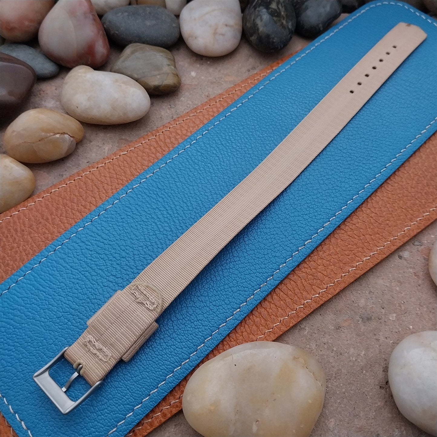 16mm Beige Nylon Single Pass Unused Vintage Watch Strap & Bead Blasted Buckle