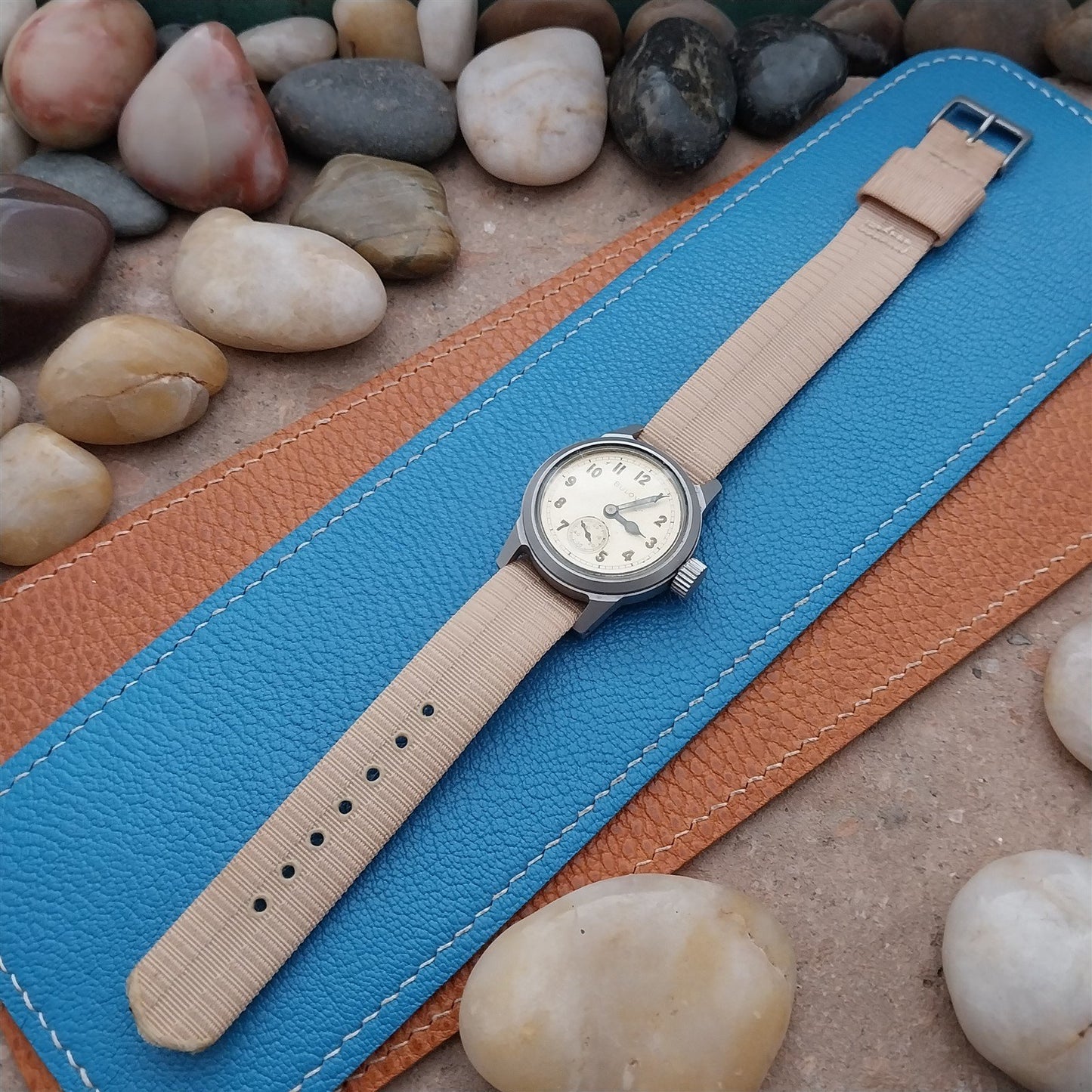 16mm Beige Nylon Single Pass Unused Vintage Watch Strap & Bead Blasted Buckle