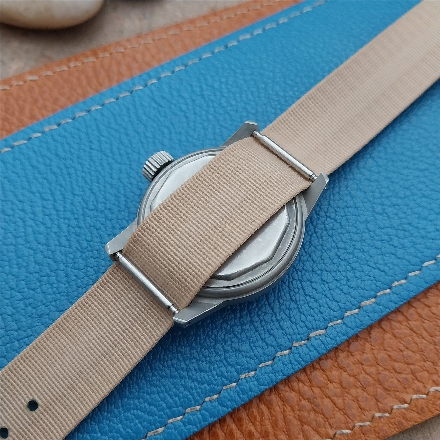 16mm Beige Nylon Single Pass Unused Vintage Watch Strap & Bead Blasted Buckle