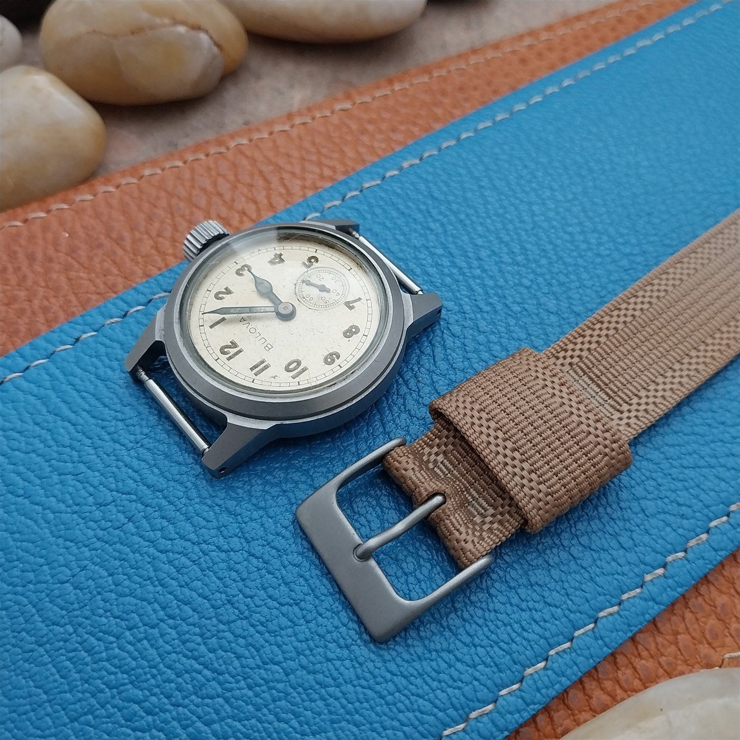 16mm Beige Nylon Single Pass Unused Vintage Watch Strap & Bead Blasted Buckle