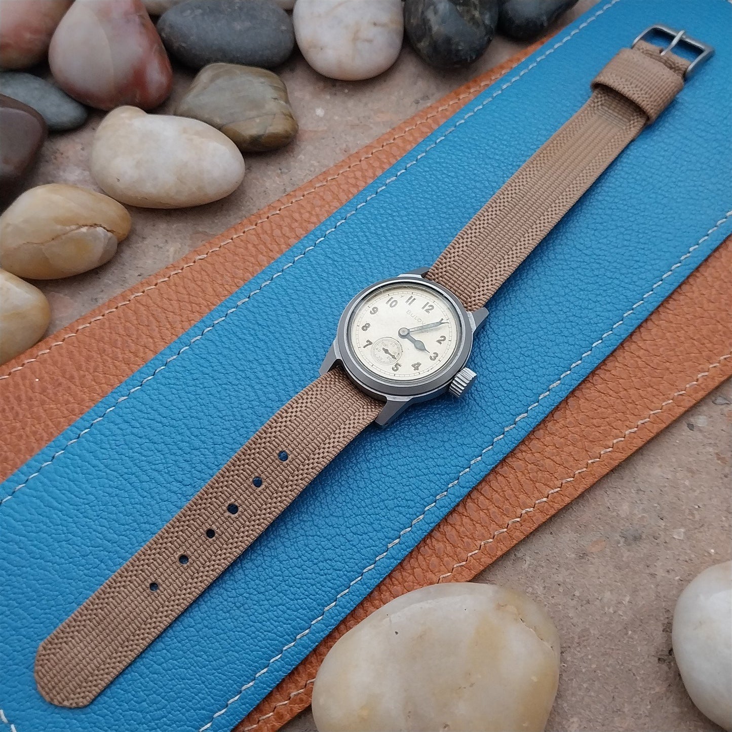 16mm Beige Nylon Single Pass Unused Vintage Watch Strap & Bead Blasted Buckle