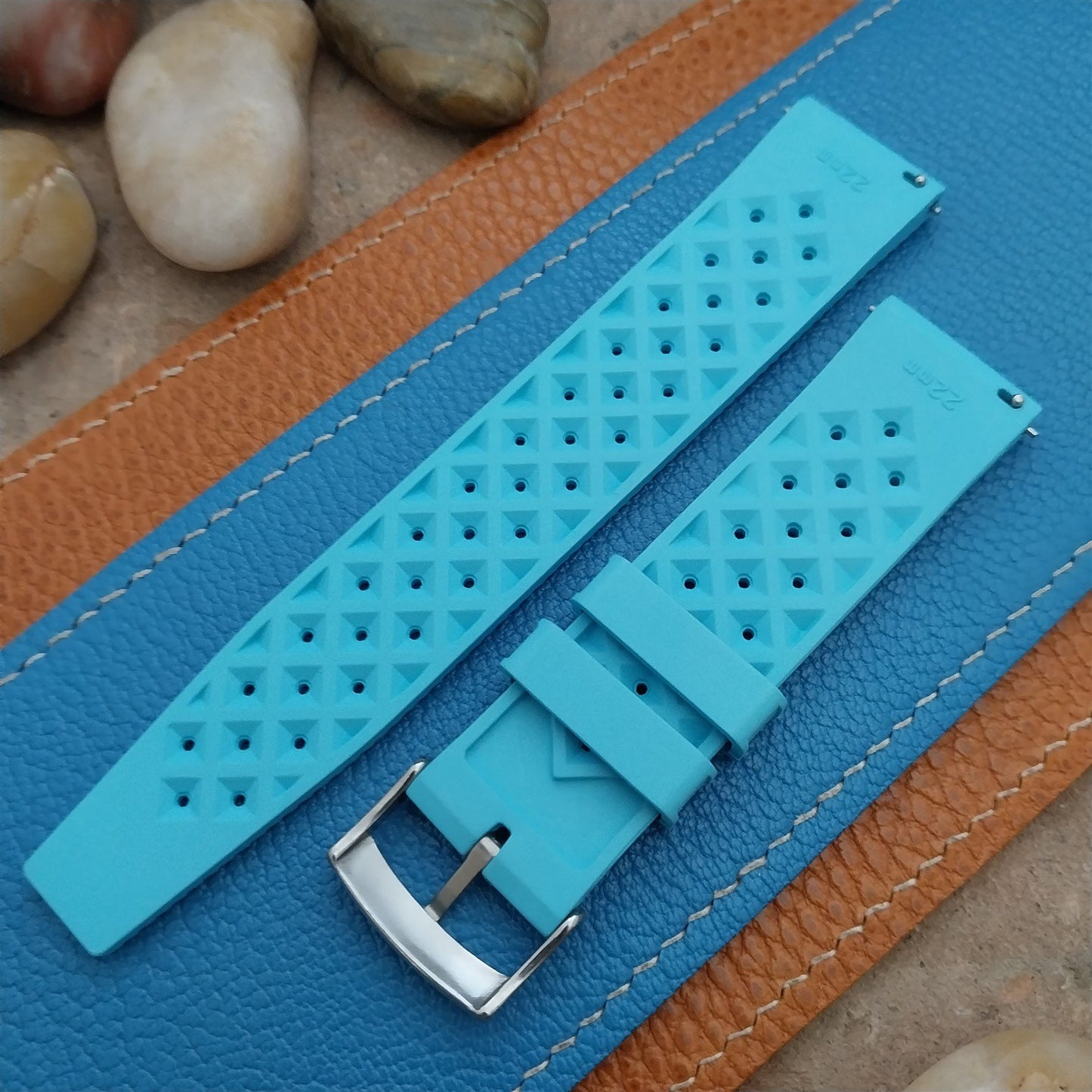22mm FKM Tropical Sky Blue Tapered Divers Watch Strap& Quick Release Spring Bars