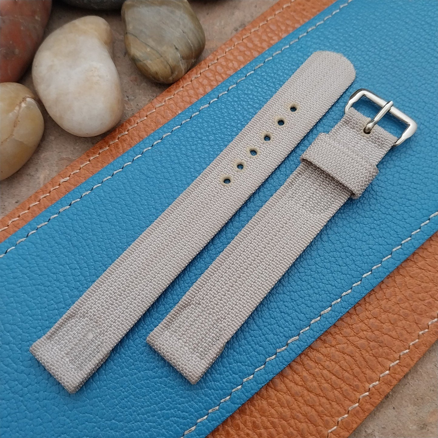 Vintage 1950s Long Gemex 16mm Gray Ribbed Nylon 2 piece Unused Field Watch Strap