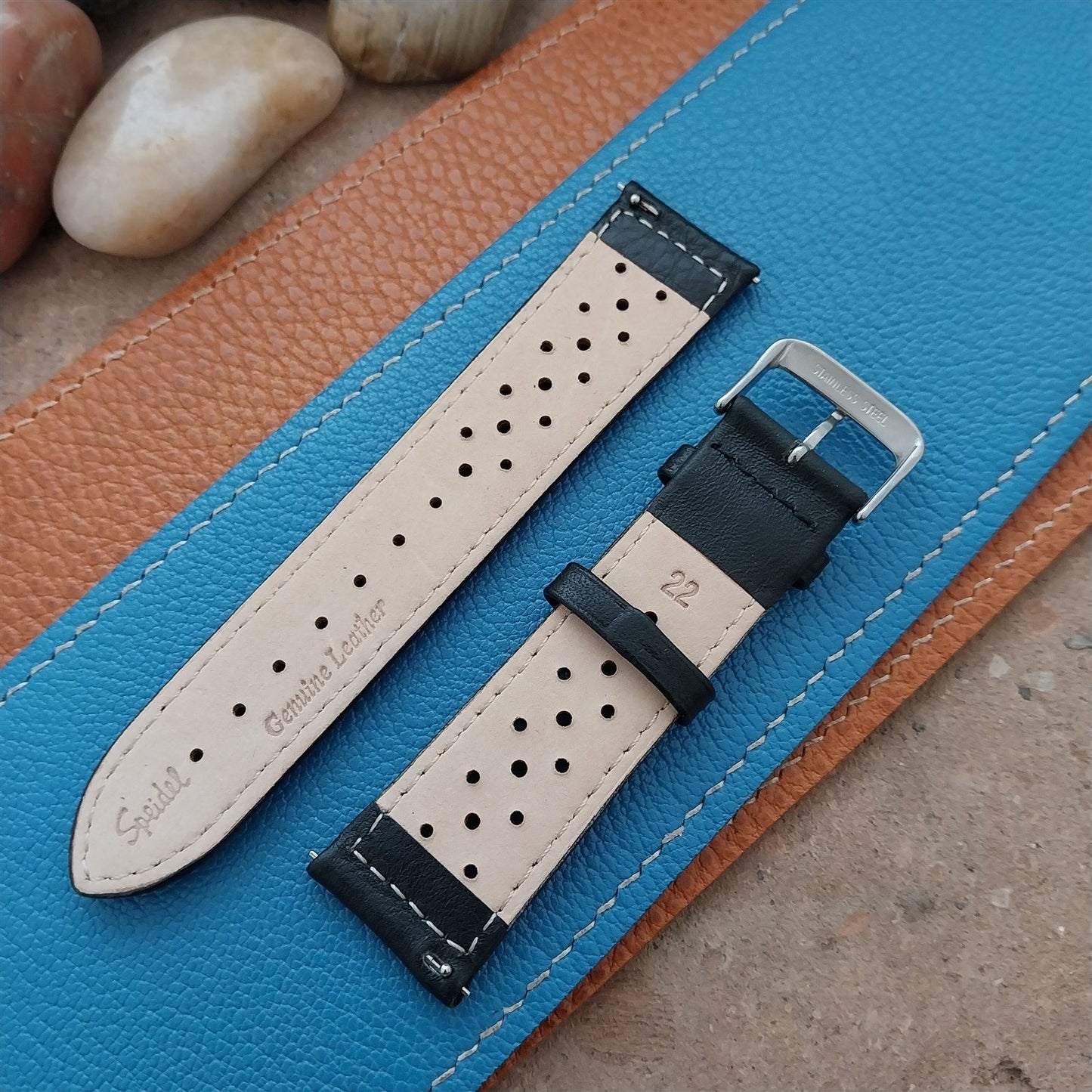 22mm Speidel Driving Strap Perforated Tapered Black Leather Unused Watch Band