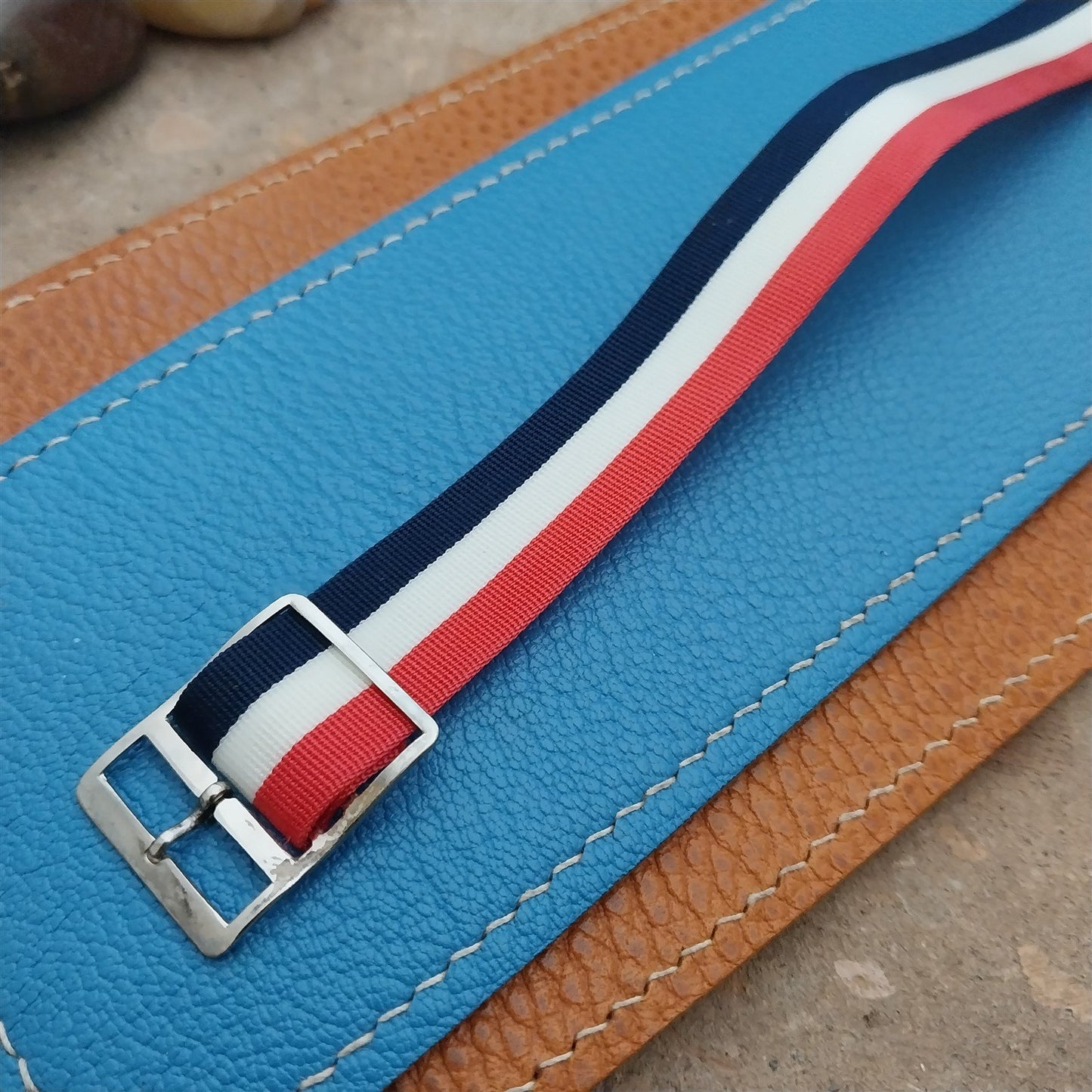 Vintage 17mm Striped Nylon Red White Blue Classic Single Pass 1970s Watch Strap