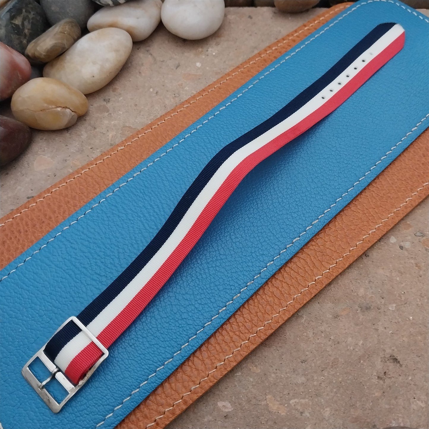 Vintage 17mm Striped Nylon Red White Blue Classic Single Pass 1970s Watch Strap