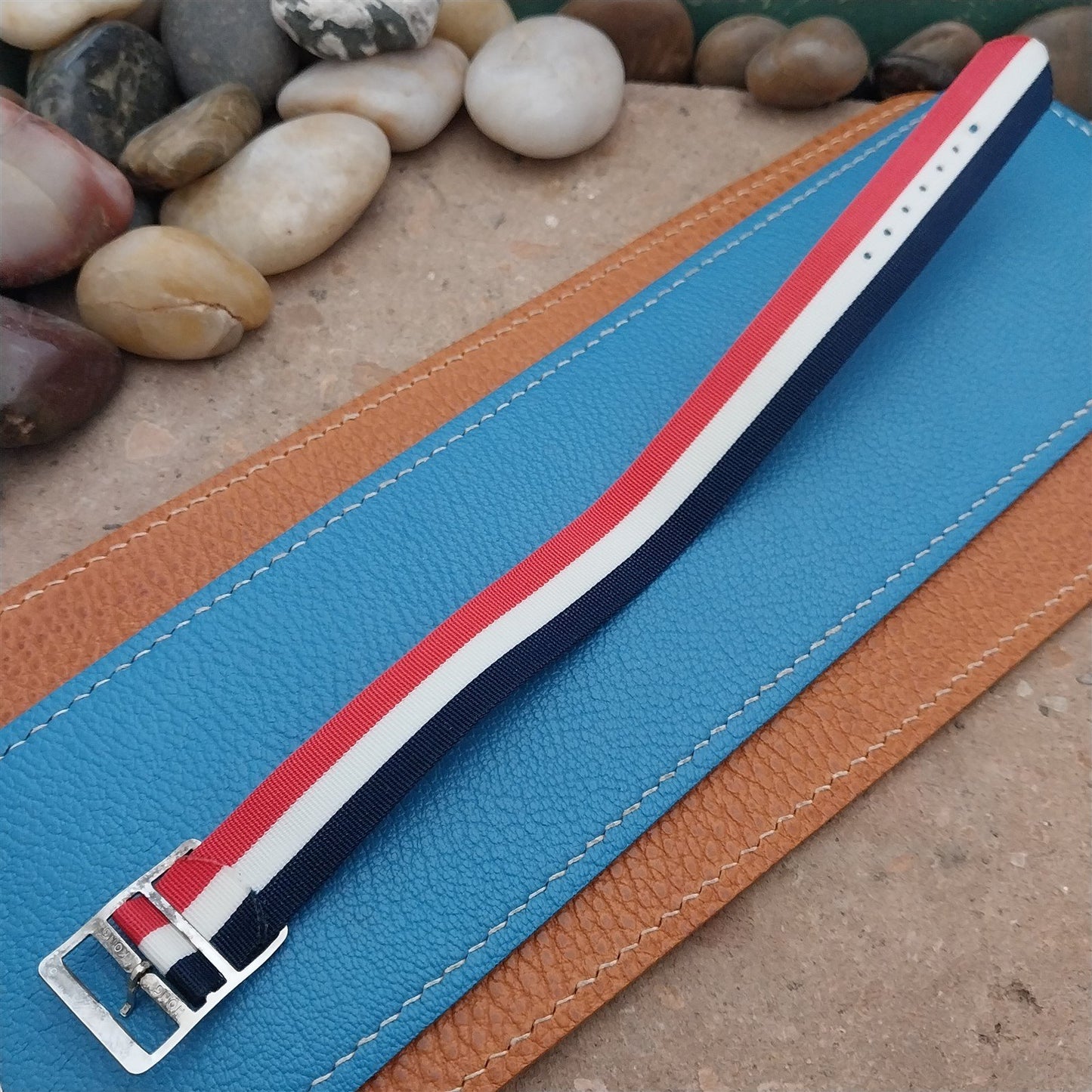 Vintage 17mm Striped Nylon Red White Blue Classic Single Pass 1970s Watch Strap