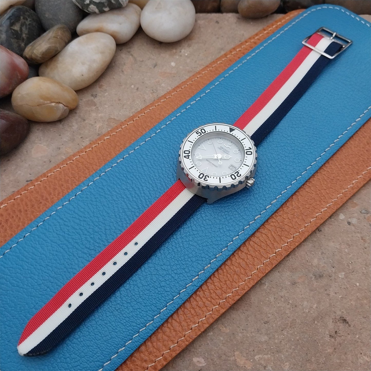 Vintage 17mm Striped Nylon Red White Blue Classic Single Pass 1970s Watch Strap
