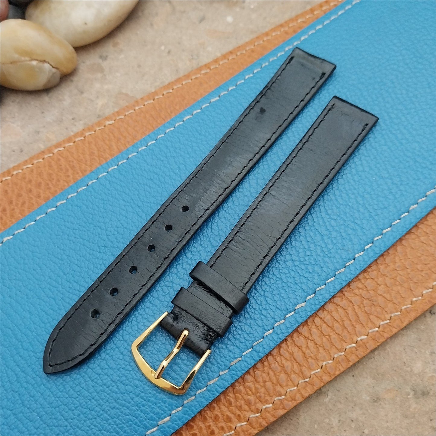 Vintage 16mm Black Buffalo Leather Downing Italy Long Classic 1960s Watch Strap