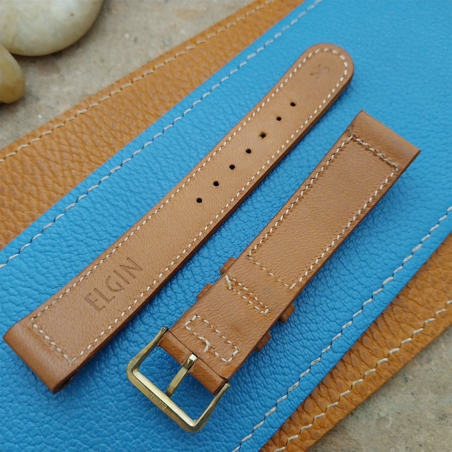 Vintage Elgin Saddle Leather 17.3mm Unused NOS Watch Strap & Gold Logo Buckle