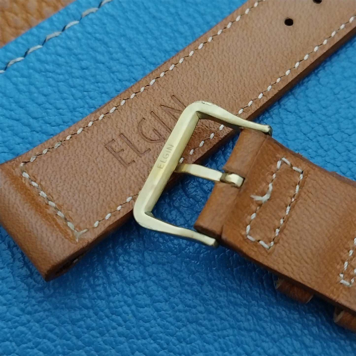 Vintage Elgin Saddle Leather 17.3mm Unused NOS Watch Strap & Gold Logo Buckle
