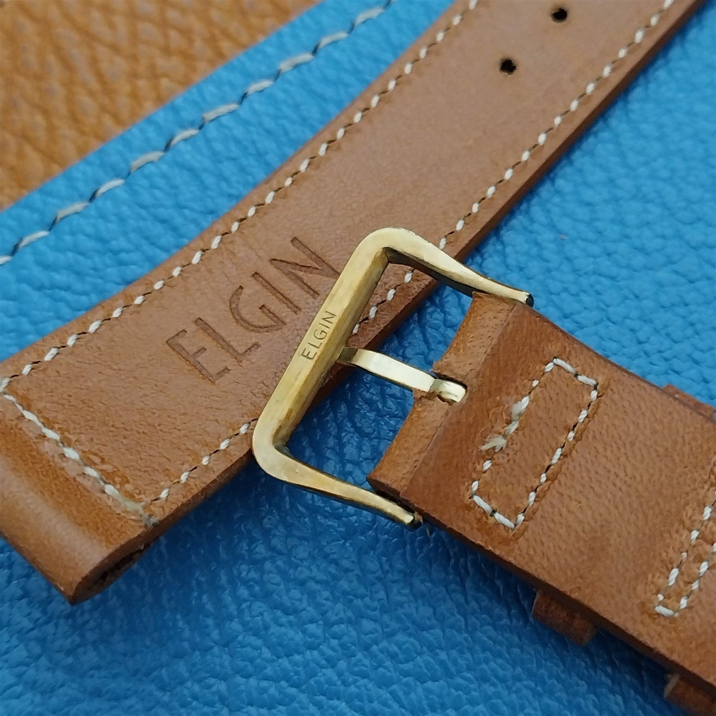 Vintage Elgin Saddle Leather 17.2mm Unused NOS Watch Strap & Gold Logo Buckle