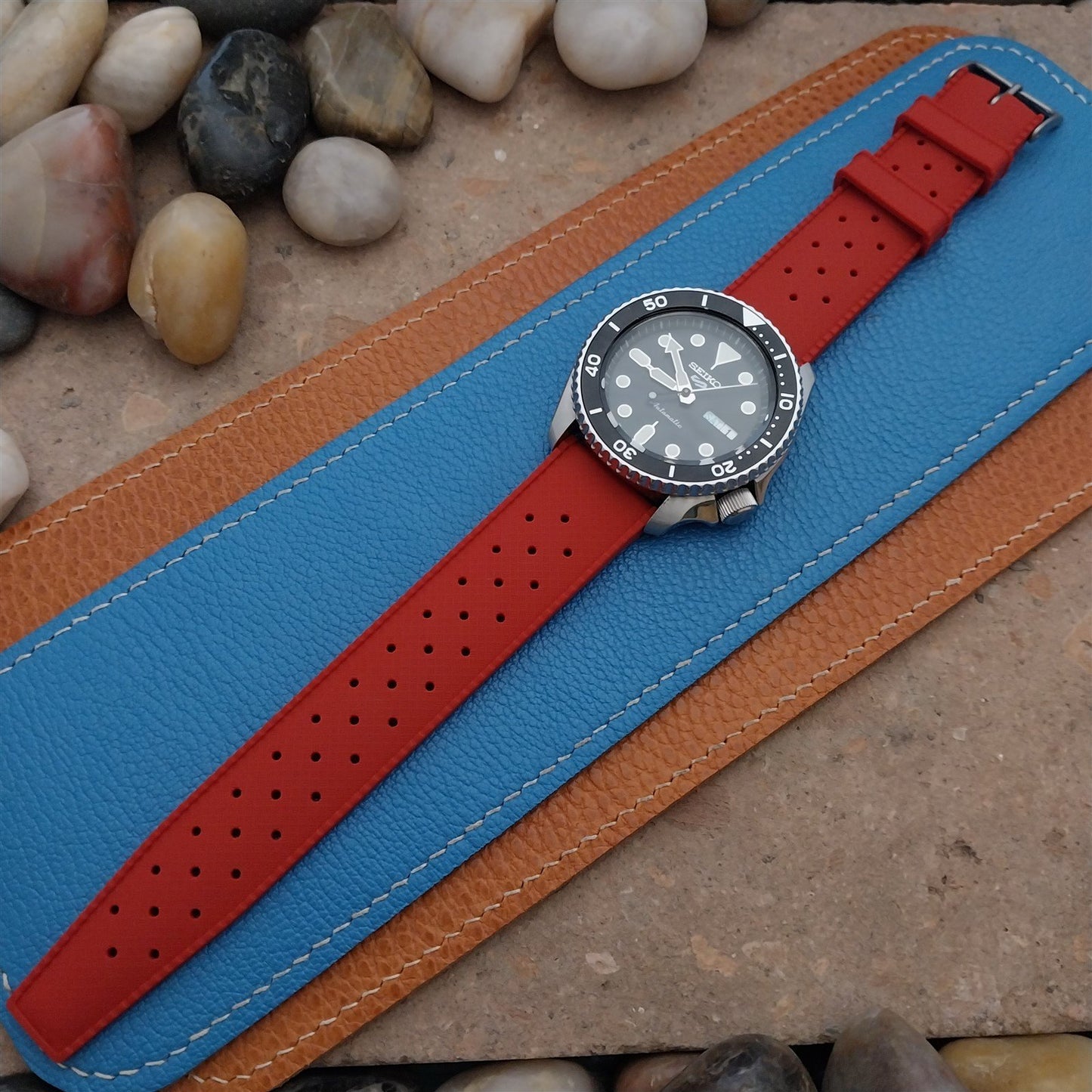 22mm FKM Tropical Red Divers Watch Strap QR Spring Bars & Bead Blasted Buckle