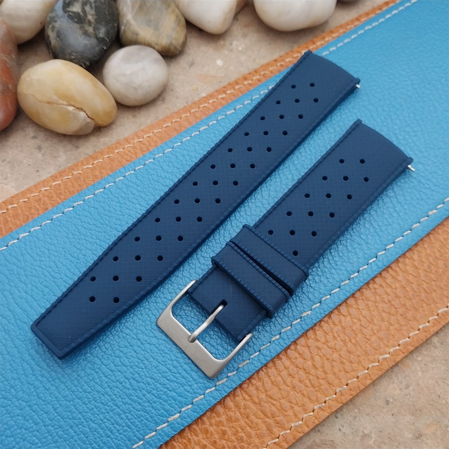 22mm FKM Tropical Blue Divers Watch Strap QR Spring Bars & Bead Blasted Buckle