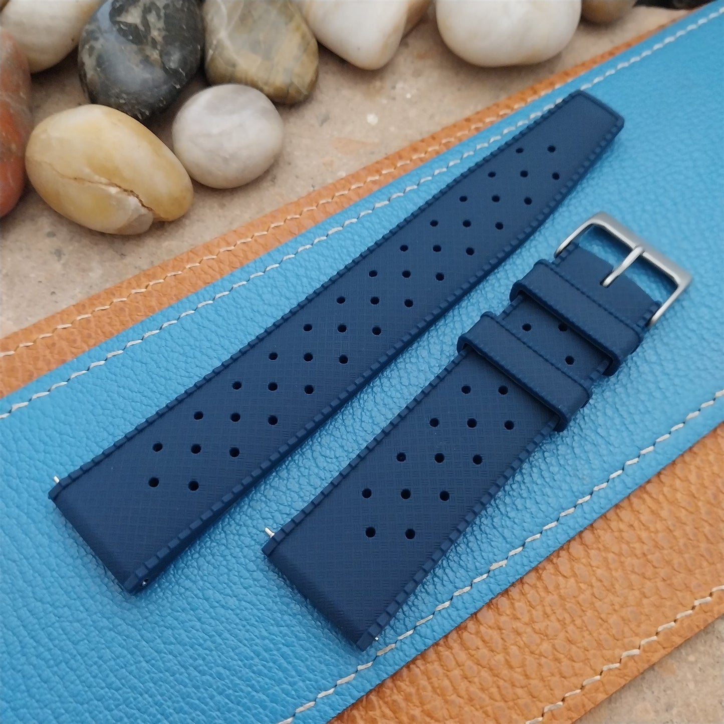22mm FKM Tropical Blue Divers Watch Strap QR Spring Bars & Bead Blasted Buckle