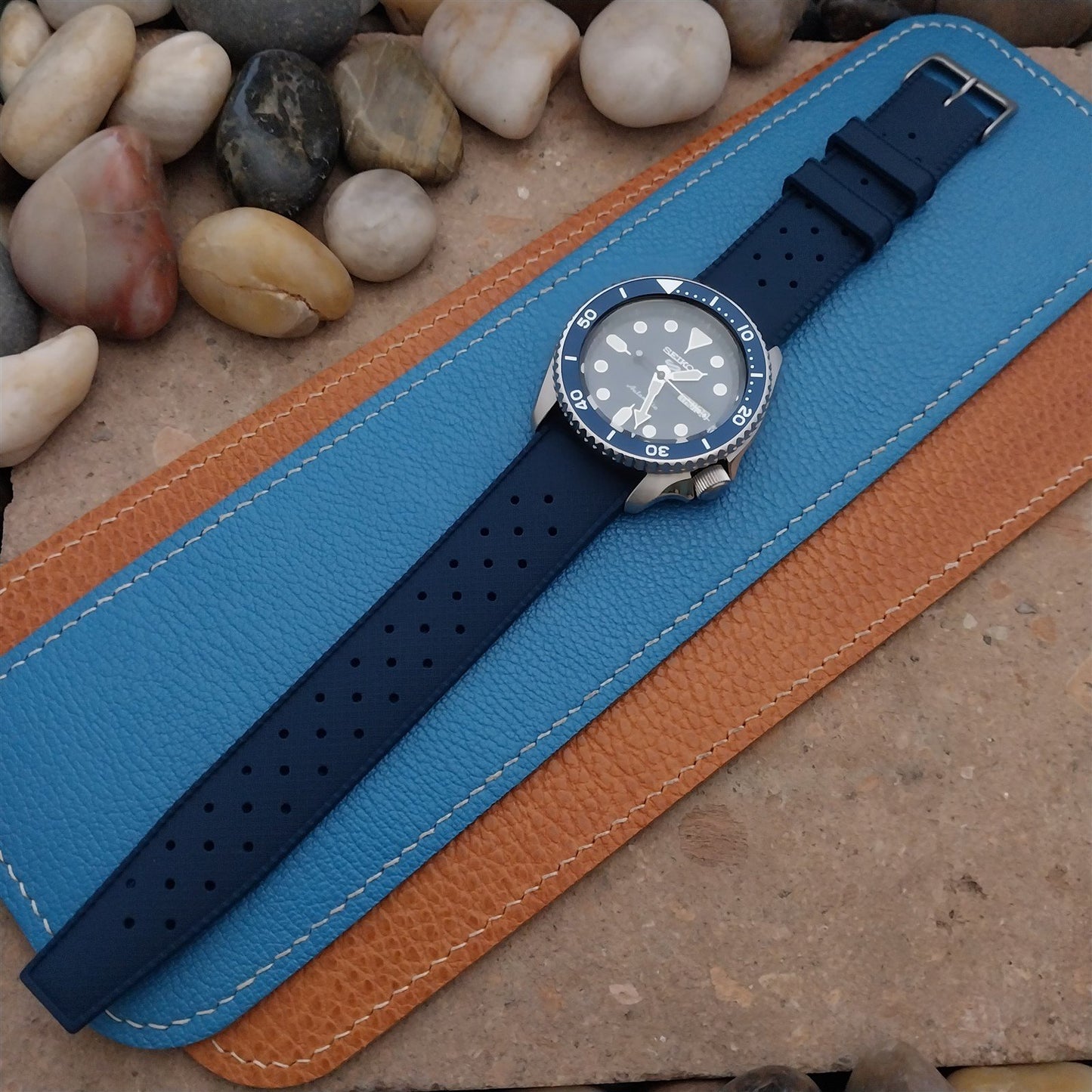 22mm FKM Tropical Blue Divers Watch Strap QR Spring Bars & Bead Blasted Buckle