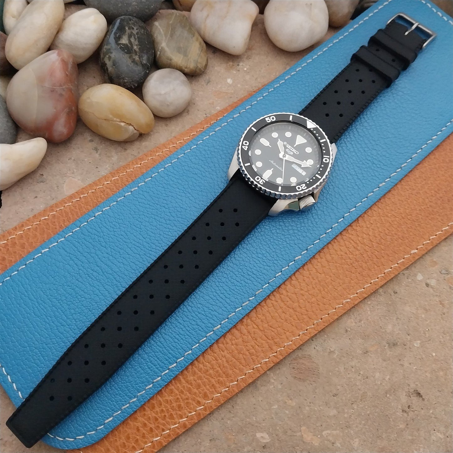 22mm FKM Black Tropical Divers Watch Strap QR Spring Bars & Bead Blasted Buckle