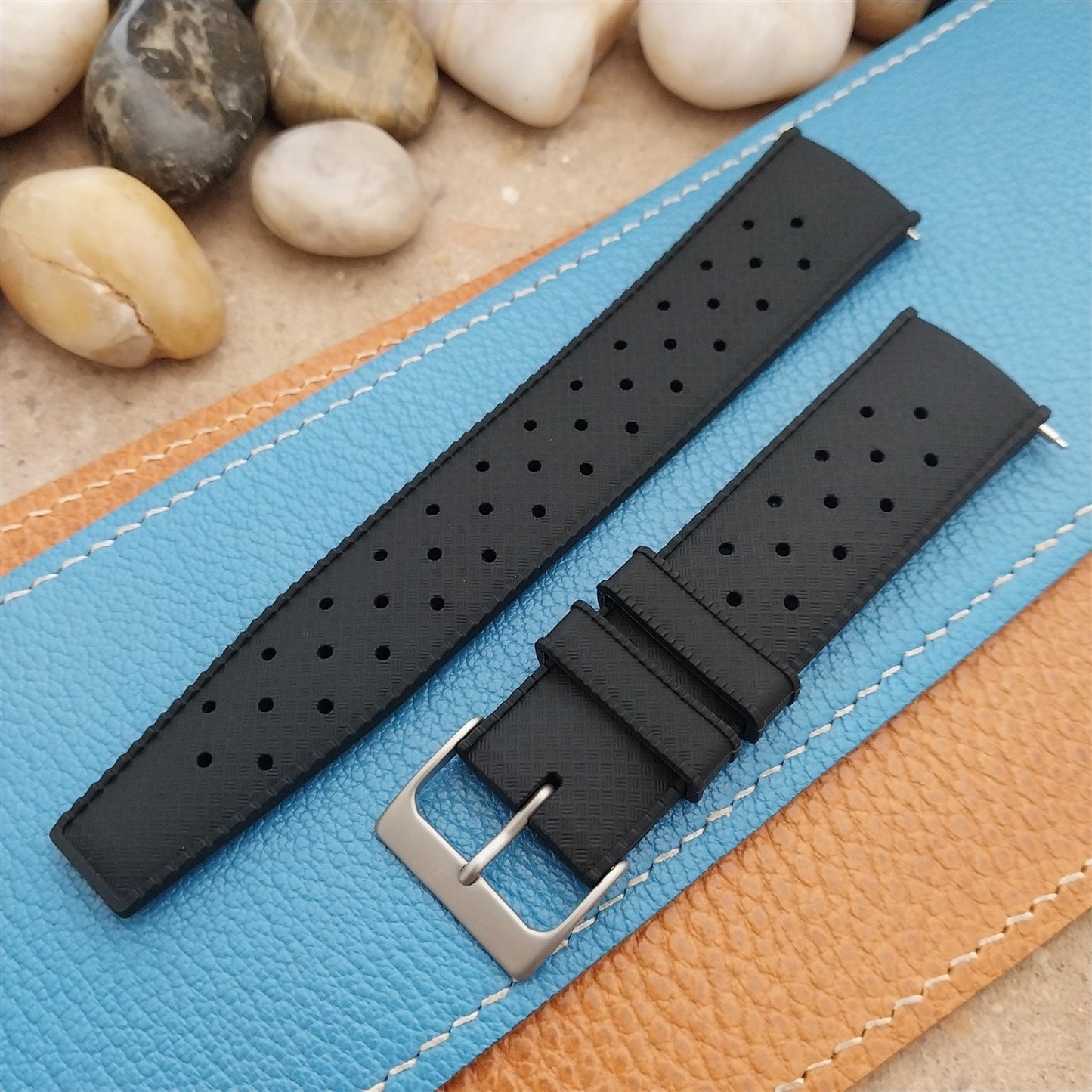 22mm FKM Black Tropical Divers Watch Strap QR Spring Bars & Bead Blasted Buckle