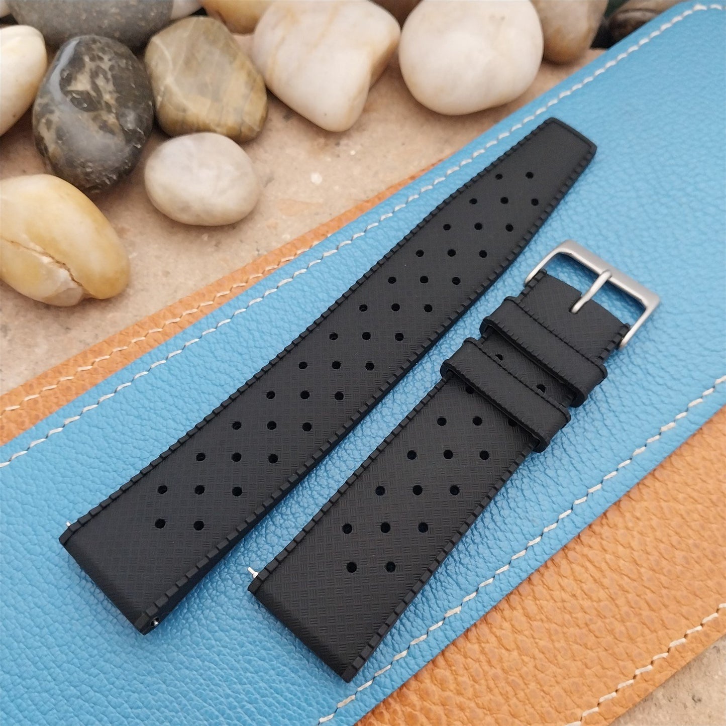 22mm FKM Black Tropical Divers Watch Strap QR Spring Bars & Bead Blasted Buckle