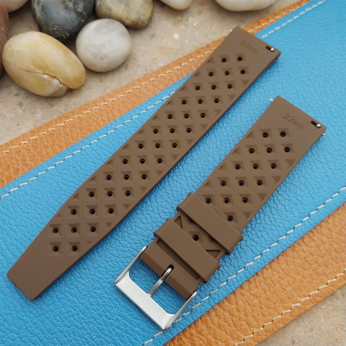 22mm FKM Tropical Brown Divers Watch Strap QR Spring Bars & Bead Blasted Buckle