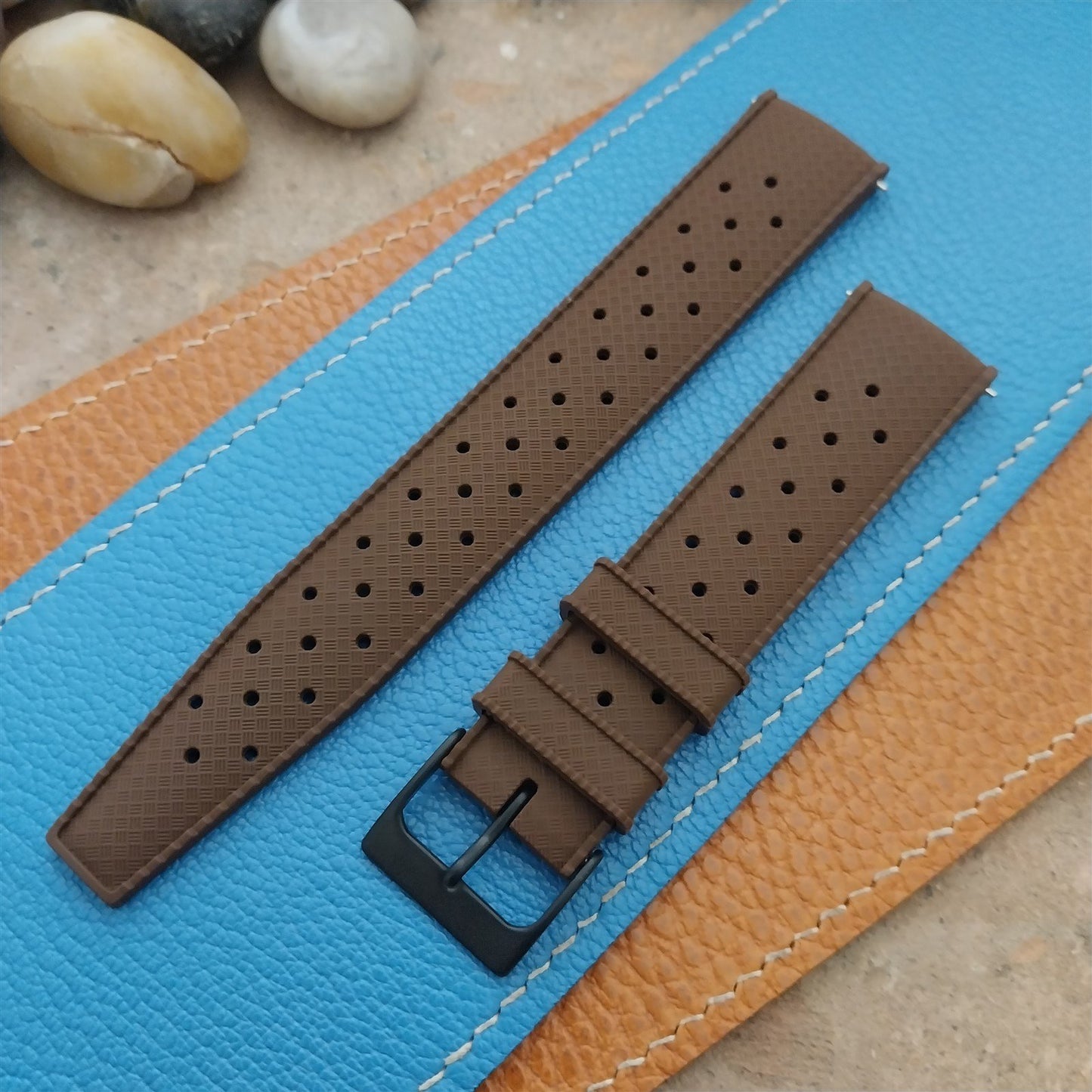 20mm FKM Brown Tropical Divers Watch Strap QR Spring Bars & Black Buckle