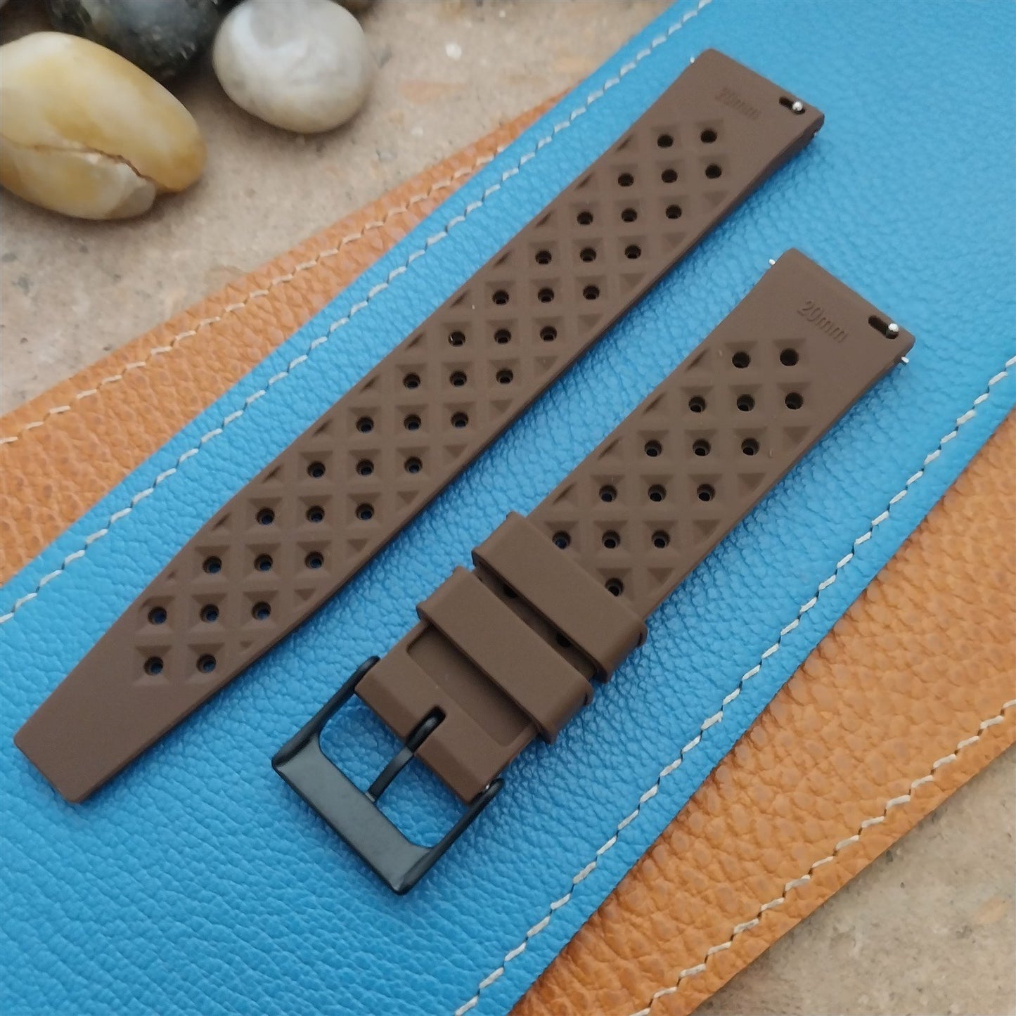 20mm FKM Brown Tropical Divers Watch Strap QR Spring Bars & Black Buckle
