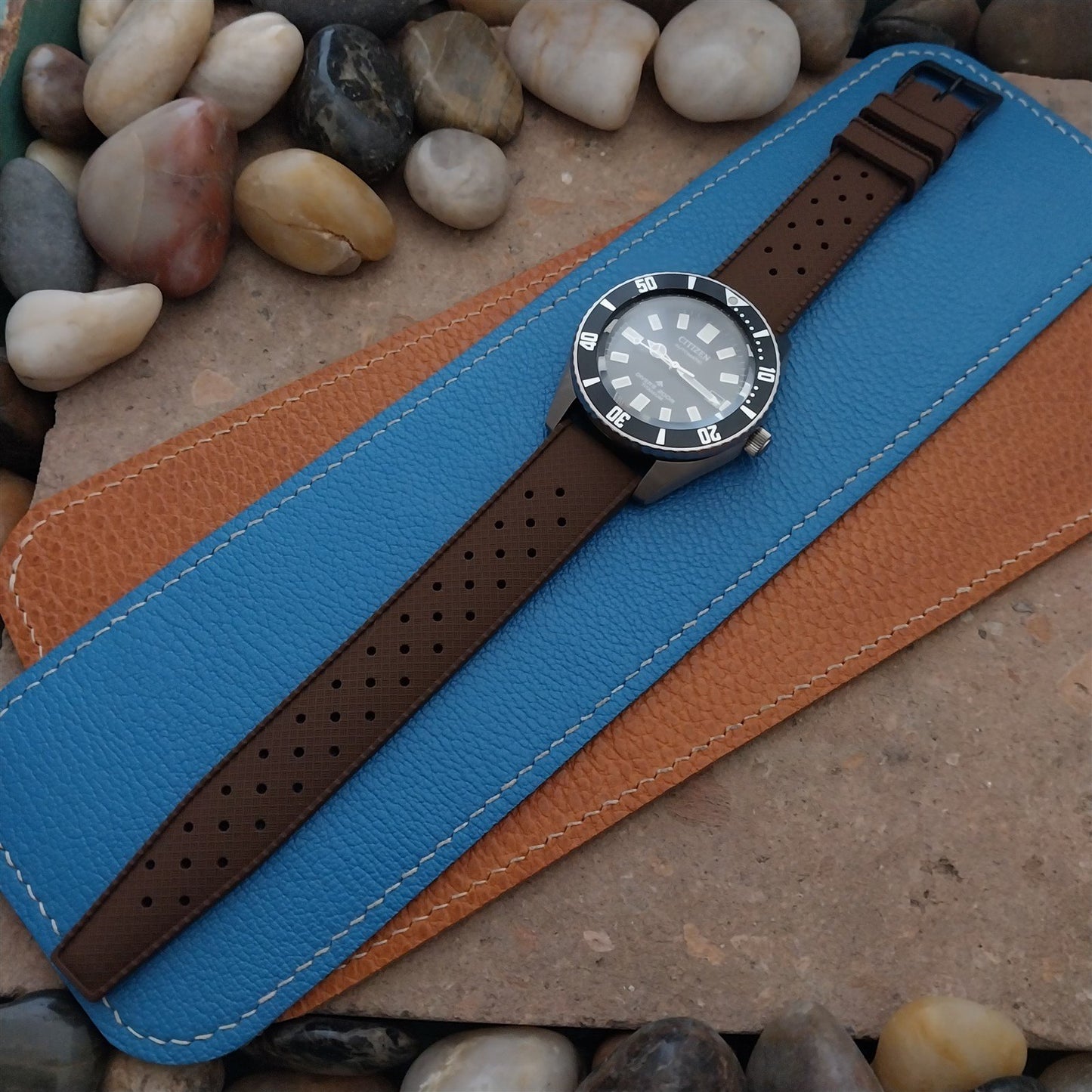 20mm FKM Brown Tropical Divers Watch Strap QR Spring Bars & Black Buckle