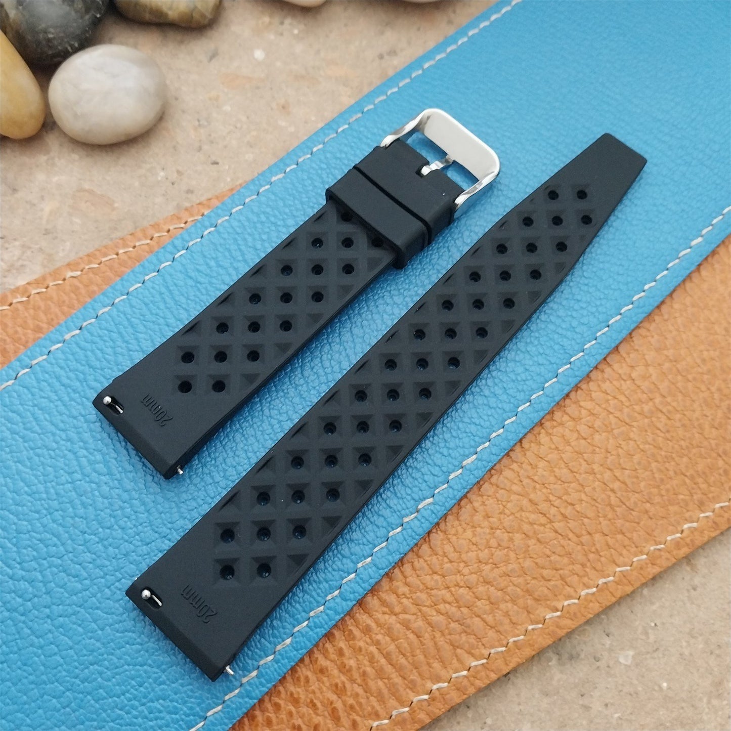 20mm FKM Black Tropical Divers Watch Strap QR Spring Bars Polished Buckle