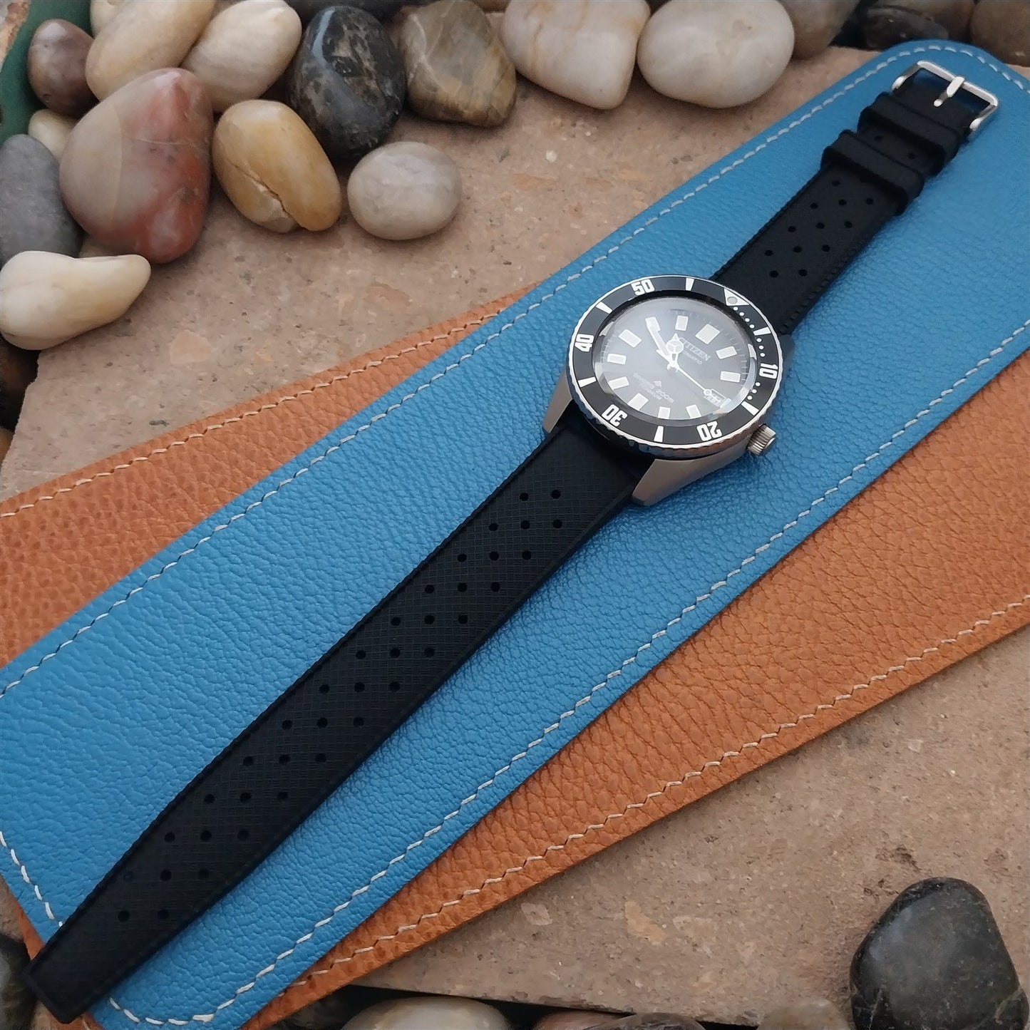 20mm FKM Black Tropical Divers Watch Strap QR Spring Bars Polished Buckle