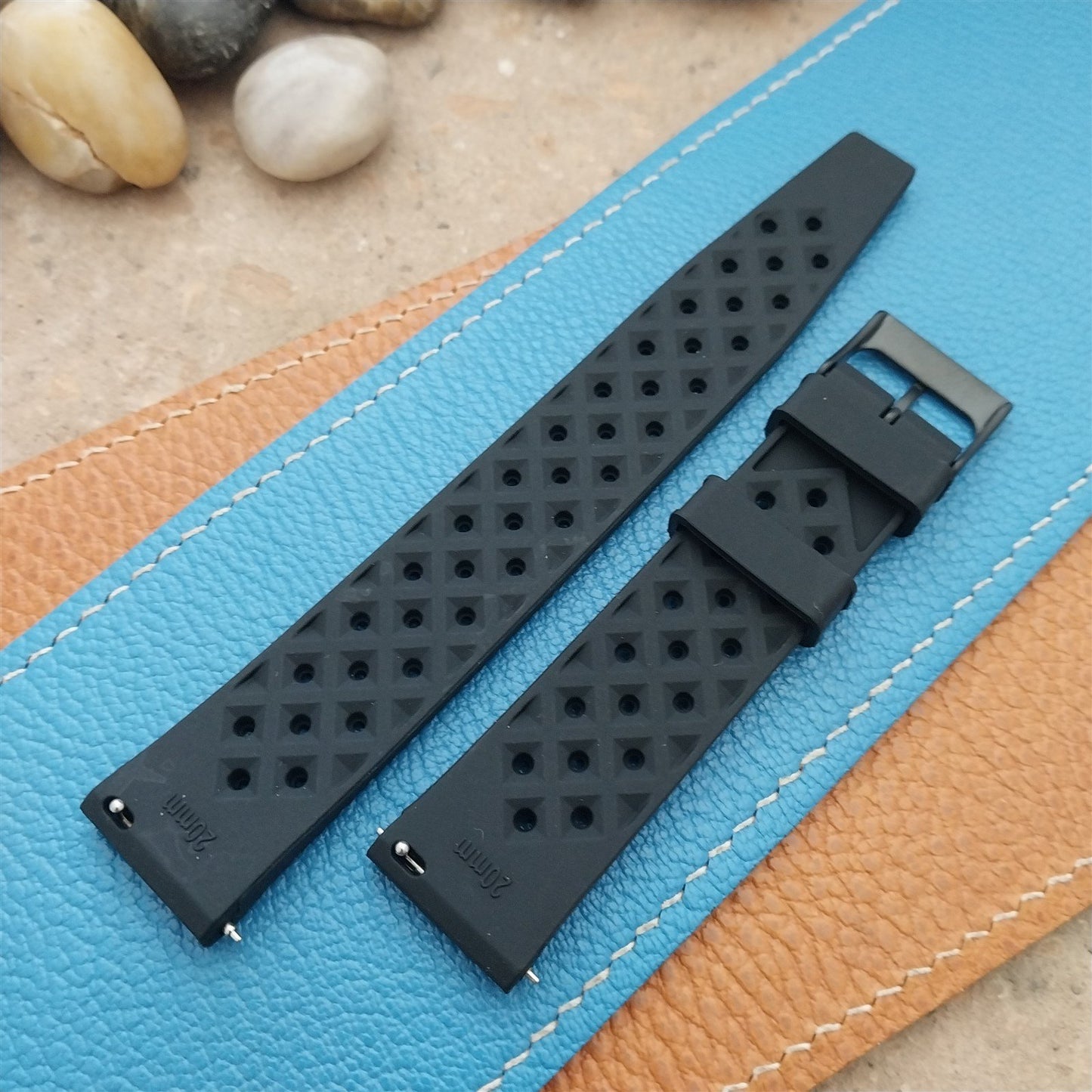 20mm FKM Black Tropical Divers Watch Strap QR Spring Bars Black Stainless Buckle