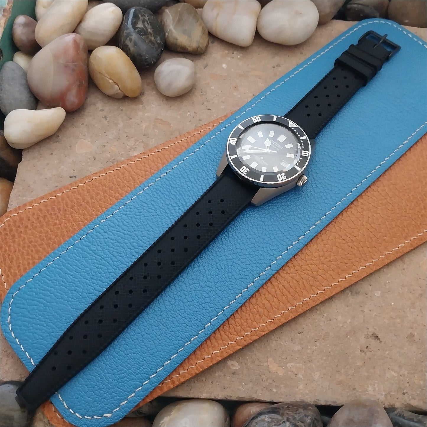 20mm FKM Black Tropical Divers Watch Strap QR Spring Bars Black Stainless Buckle